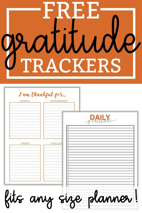 FREE Gratitude Planner Trackers. It's the time of year to think about all we have to be grateful for. Make it easy with this free gratitude printable. It's perfect for any size planner including The Happy Planner, Erin Condren, Recollections, Travelers Notebook, and more! #plannerprintables #thanksgiving #gratitude #bulletjournal