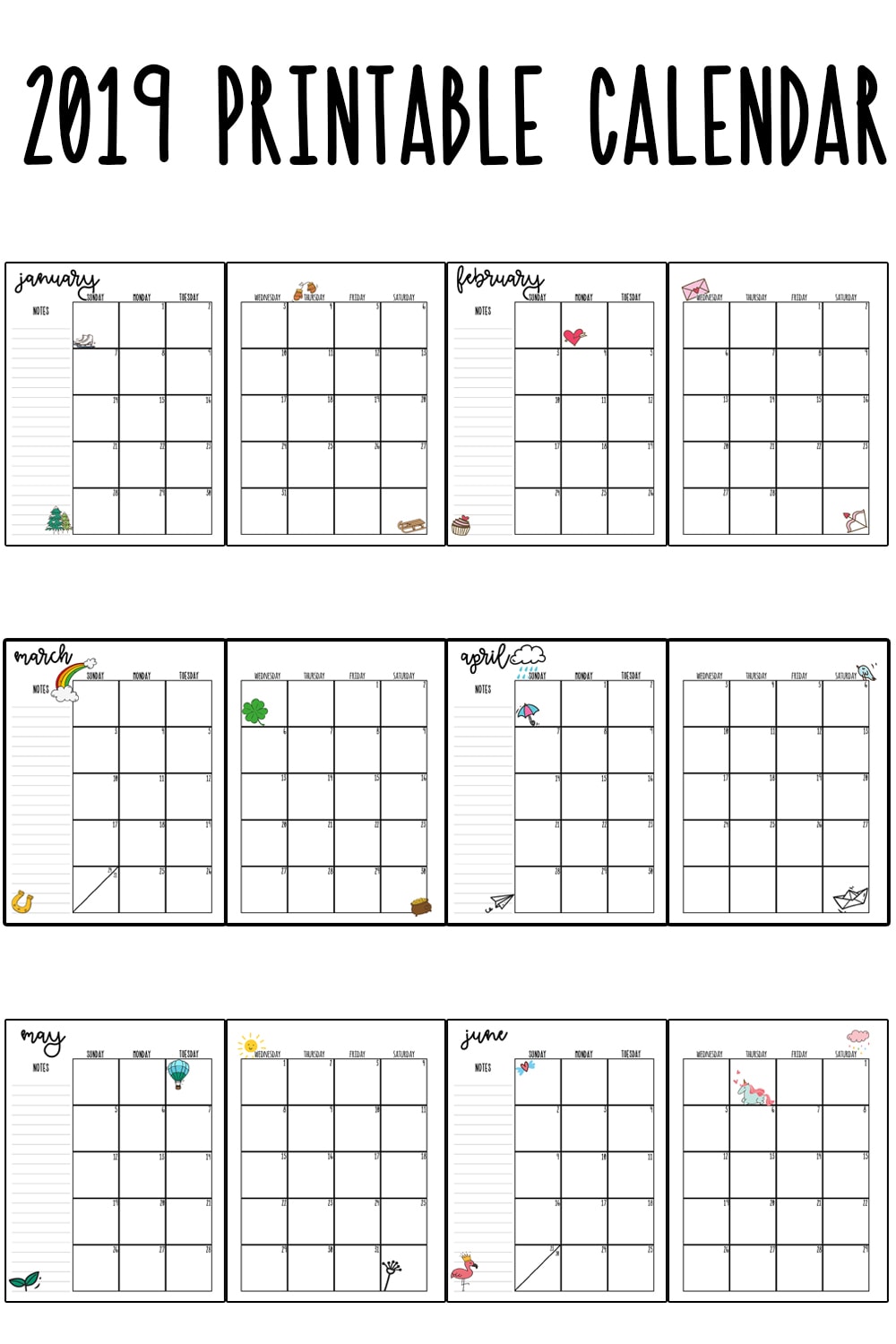 2019 Printable Calendar - Download this free printable monthly and yearly calendar for 2019. It can be printed for any size planner. There is a blank 2019 monthly calendar and one with embellishments available. #planner #planneraddict #calendar