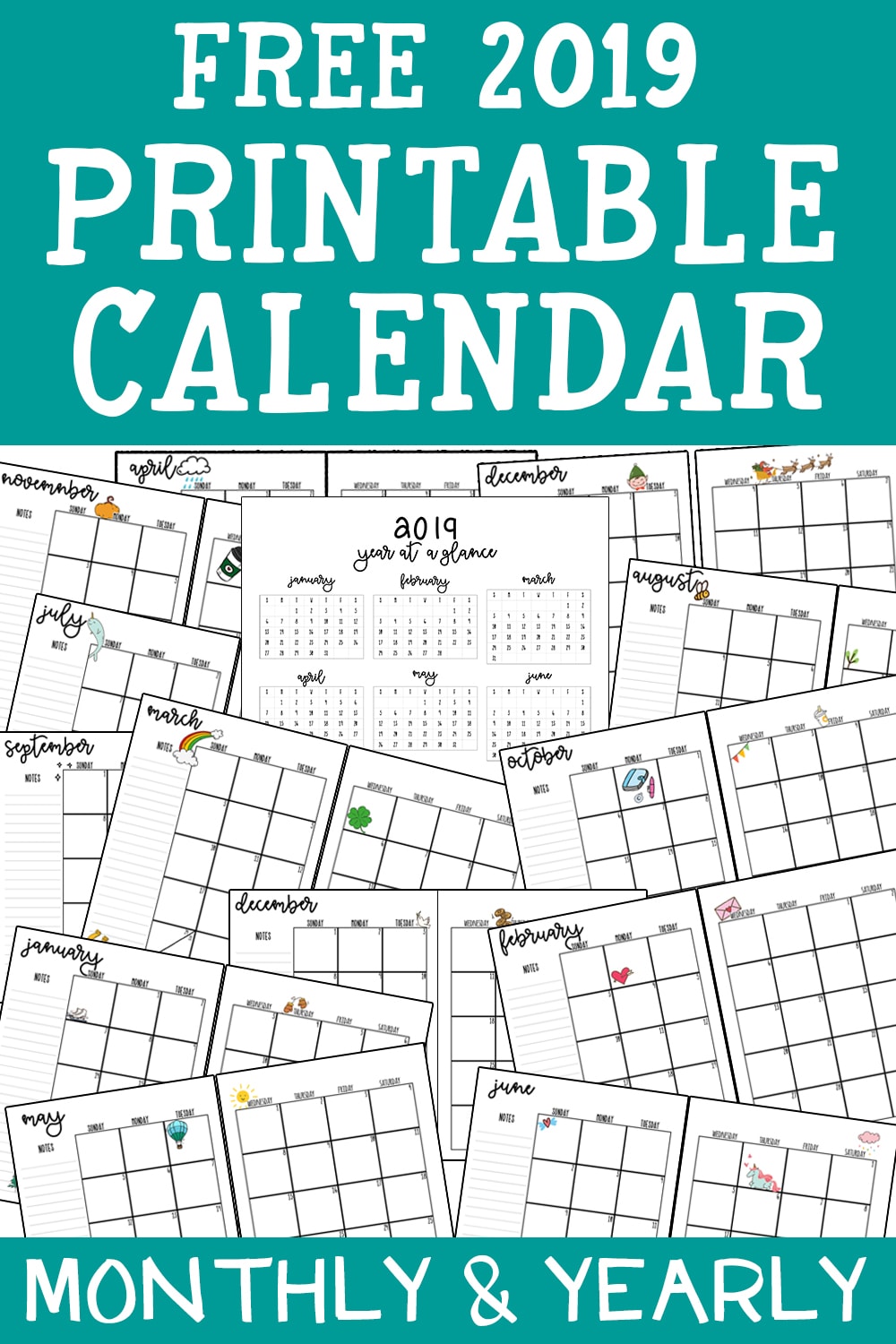 2019 Printable Calendar - Download this free printable monthly and yearly calendar for 2019. It can be printed for any size planner. There is a blank 2019 monthly calendar and one with embellishments available. #planner #planneraddict #calendar