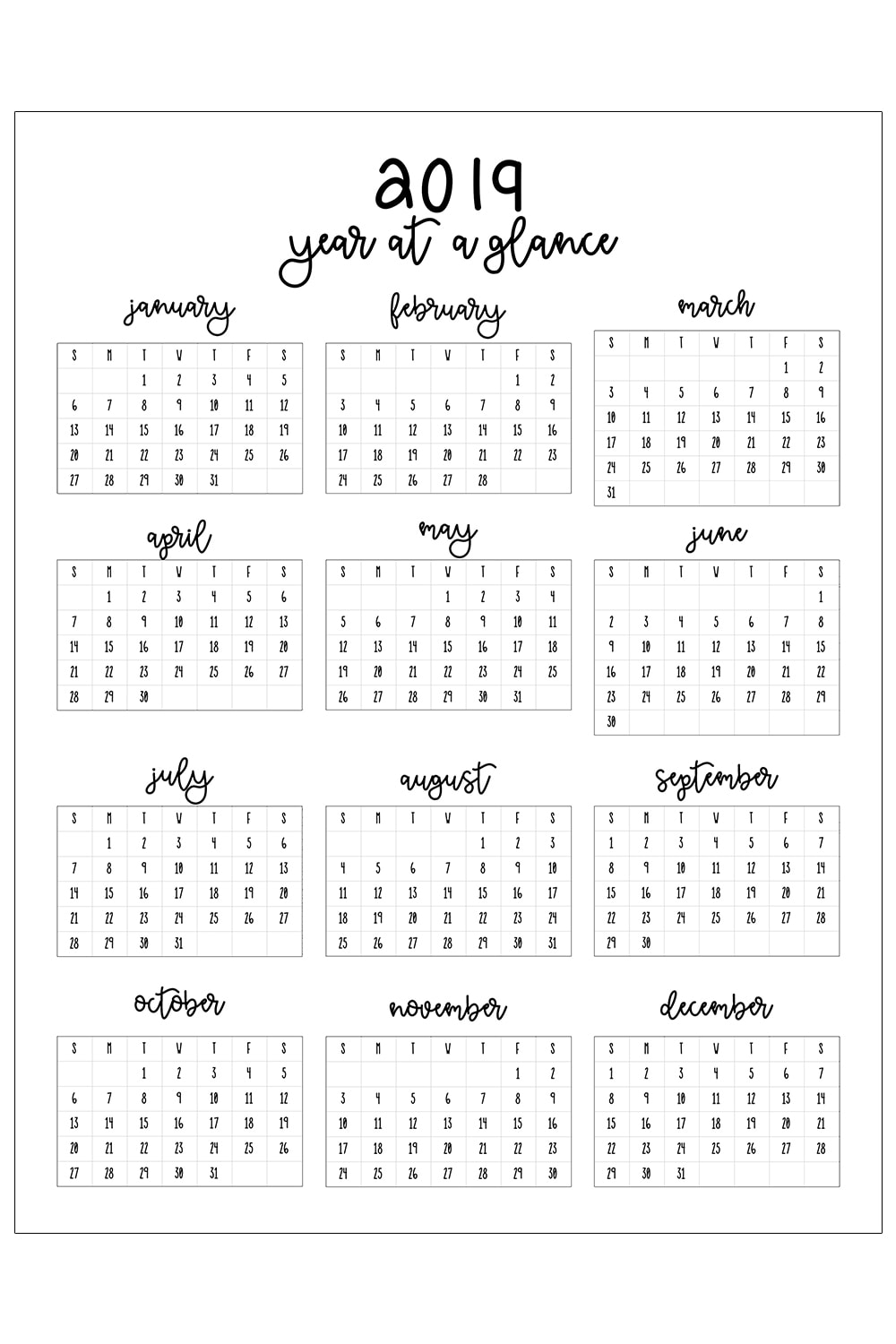 2019 Printable Calendar - Download this free printable monthly and yearly calendar for 2019. It can be printed for any size planner. There is a blank 2019 monthly calendar and one with embellishments available. #planner #planneraddict #calendar