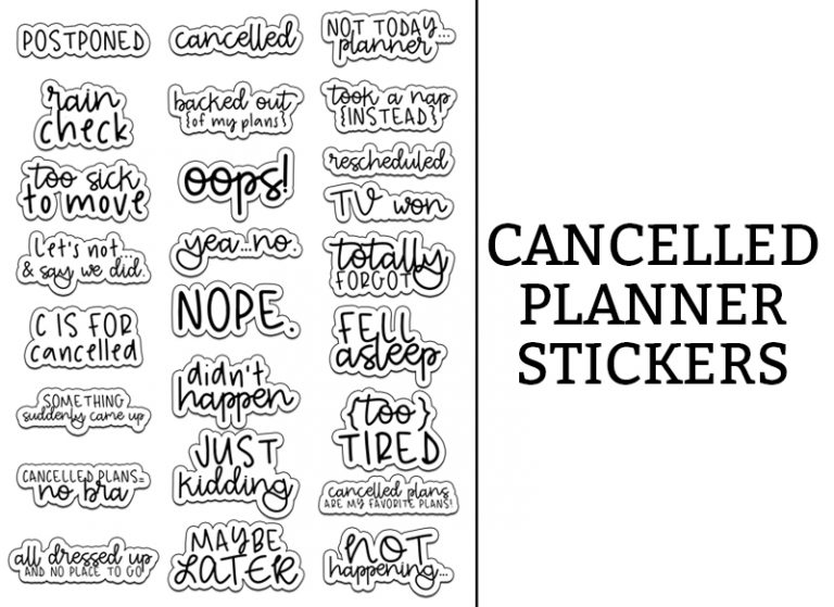 Cancelled Stickers. Download this free set of cancelled stickers perfect for cancelled plans in your planner. Available in standard size, mini and also with the spellings of Cancelled and Canceled. #plannerfreebies #planneraddict