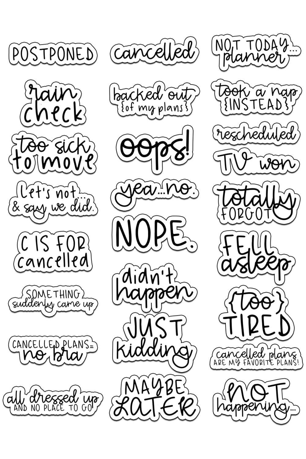 Cancelled Stickers. Download this free set of cancelled stickers perfect for cancelled plans in your planner. Available in standard size, mini and also with the spellings of Cancelled and Canceled. #plannerfreebies #planneraddict