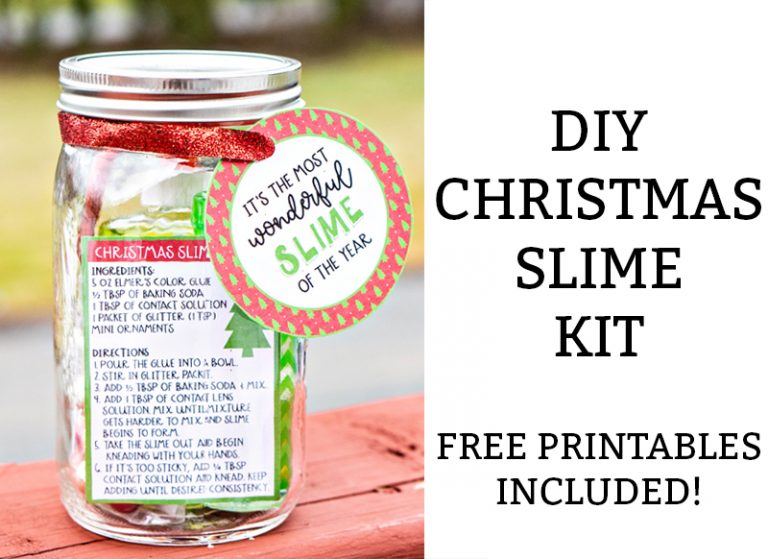 Christmas Slime - learn how to make a DIY Christmas slime kit. It's the perfect nontoy Christmas gift for kids. It's crafty and creative and will give the child an activity. Free printables included. #christmasforkids #christmasgift #christmasprintables