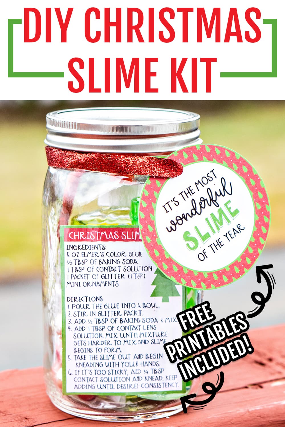 Christmas Slime - learn how to make a DIY Christmas slime kit. It's the perfect nontoy Christmas gift for kids. It's crafty and creative and will give the child an activity. Free printables included. #christmasforkids #christmasgift #christmasprintables