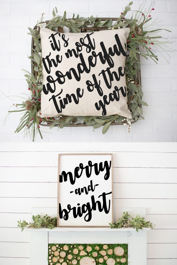 This image shows a pillow with the phrase it's the most wonderful time of the year and a wood sign with the phrase merry and bright. These are from one of the projects from the 35 Silhouette and Cricut Christmas ideas that you can find within this post. 