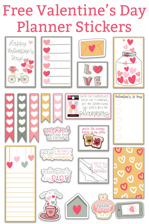 set of Valentine's day stickers in shades of pink, green, and yellow. There is a bicycle sticker with balloons that is the inspiration for the set. The rest of the stickers have a lot of hearts.