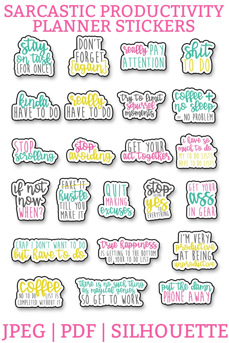 Free Sarcastic productivity planner stickers. Download this set of funny, sarcastic stickers, to help you complete your to do list. Perfect for the Happy Planner, Erin Condren, Reflections, etc. #planneraddict #plannerlover #plannerprintables