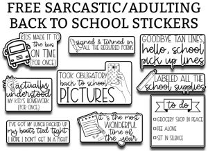 This image shows examples of the back to school planner stickers that are available to download for free. They are simplistic with black and white text and a few clip art embellishments.