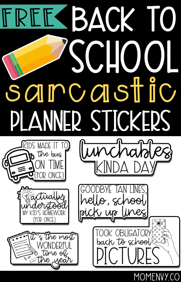 Picture of a pin for pinterest with some examples of the back to school planner stickers. There is a black background on the top of the image with white text that says back to school sarcastic planner stickers. There is a drawing of a pencil and examples of the back to school stickers below that. 