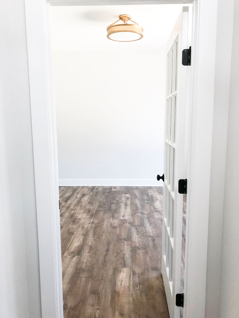 Custom home tour photos. This photo shows the office in the home. It has white walls, medium tone wood looking luxury vinyl flooring and a gold pendant light. The door is a glass paned door. 