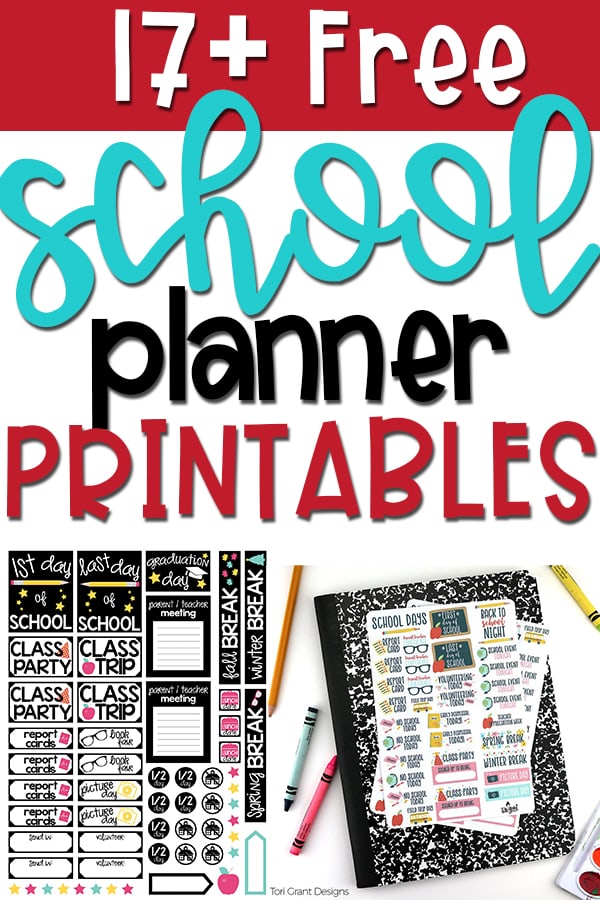 Free school planner printable pin for Pinterest. Red background at the top with 17+ free on top. Then school planner printables below that. Two examples of free school planner stickers.