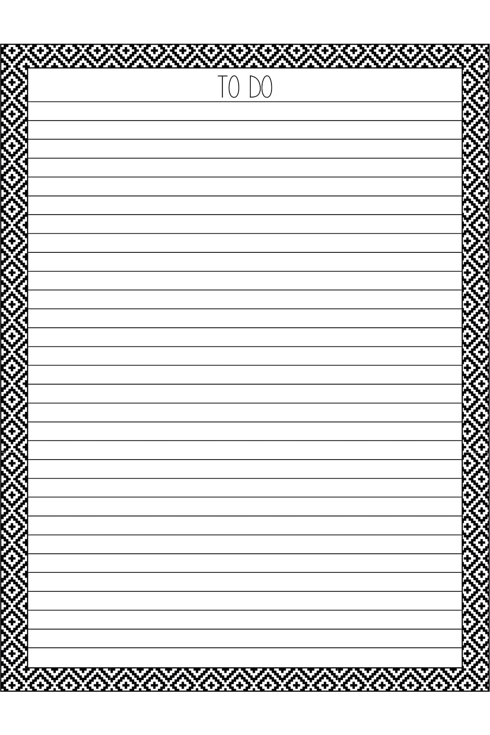 image of free printable to do lists - has a tribal black and white background, lined paper, and says to do at the time.