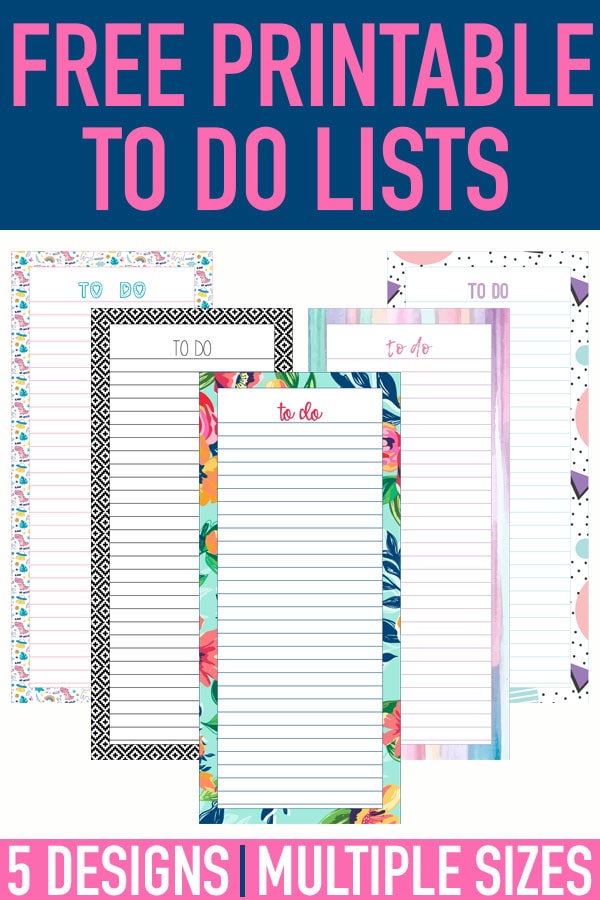 image of free printable to do lists - has all five designs which each include a different color and design background,, lined paper, and says to do at the time.
