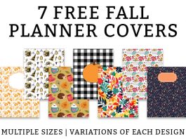 Fall Binder Covers and Free Fall Planner Covers Picture of various fall planner and fall binder covers. There are 7 covers in a line across the middle. They have pumpkin designs, witch designs, black and white design, and fall floral colors. There is the title, 7 Free Fall Planner covers at the top and Multiple sizes and variations of each design at the bottom in black text.