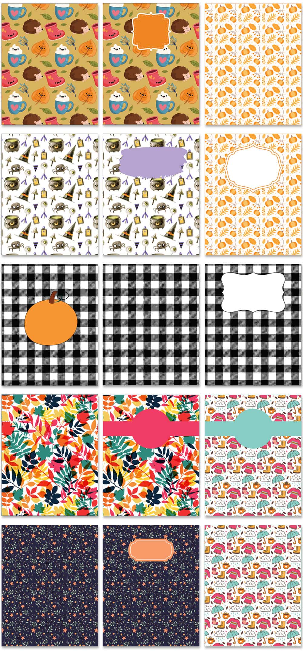 Picture of various fall planner and fall binder covers. There are 15 covers, 3 across and 5 down, in a grid. They have pumpkin designs, witch designs, black and white design, and fall floral colors.