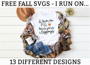 This picture represents an example of the free fall svgs included in this set. This is just one of the options available involving the phrase I Run On... White t-shirt laying on a brown, yellow, orange, and white, plaid blanket. There is a white mug that says hustle in the bottom left on top of a pair of ripped up blue jeans. There are also a pair of brown booties on the far right bottom corner and a tan hat in the top left.