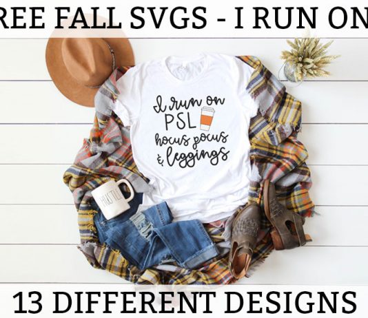 Free Fall SVGs – I Run On Fall Themed This picture represents an example of the free fall svgs included in this set. This is just one of the options available involving the phrase I Run On... White t-shirt laying on a brown, yellow, orange, and white, plaid blanket. There is a white mug that says hustle in the bottom left on top of a pair of ripped up blue jeans. There are also a pair of brown booties on the far right bottom corner and a tan hat in the top left.