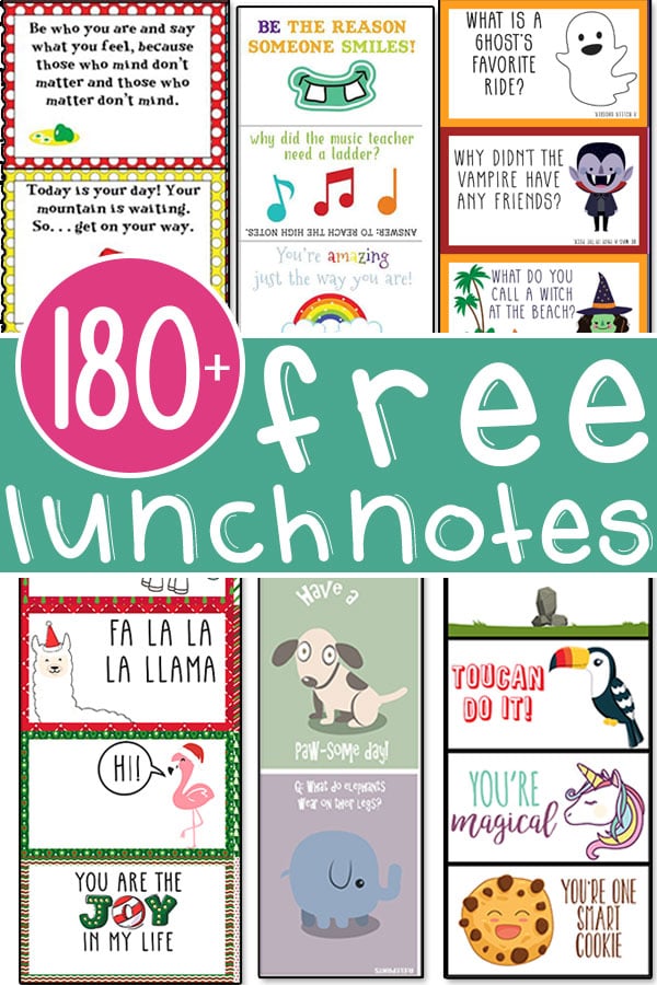 This image includes multiple images of different lunch notes for kids. It has the title: 180+ free lunchnotes. 