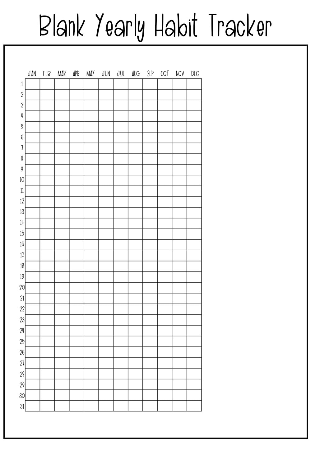 Picture of a yearly habit tracker with the days of the month running down the left side and the months at the top of the graph.