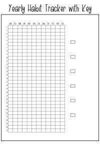 Picture of a yearly habit tracker with the days of the month running down the left side and the months at the top of the graph. There are five boxes to the right for a key.