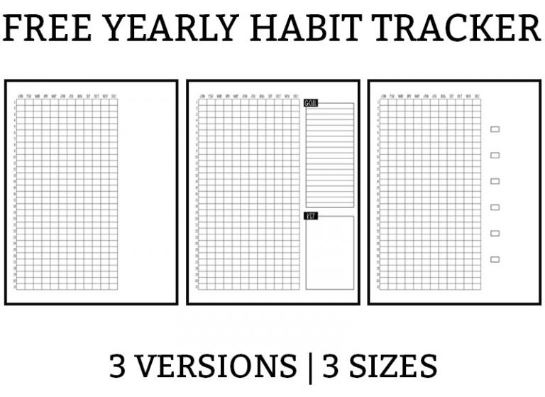 Picture of a yearly habit tracker with the days of the month running down the left side and the months at the top of the graph. There is a box on the right for the key. There is also a box with lines in it to write a goal for the year.