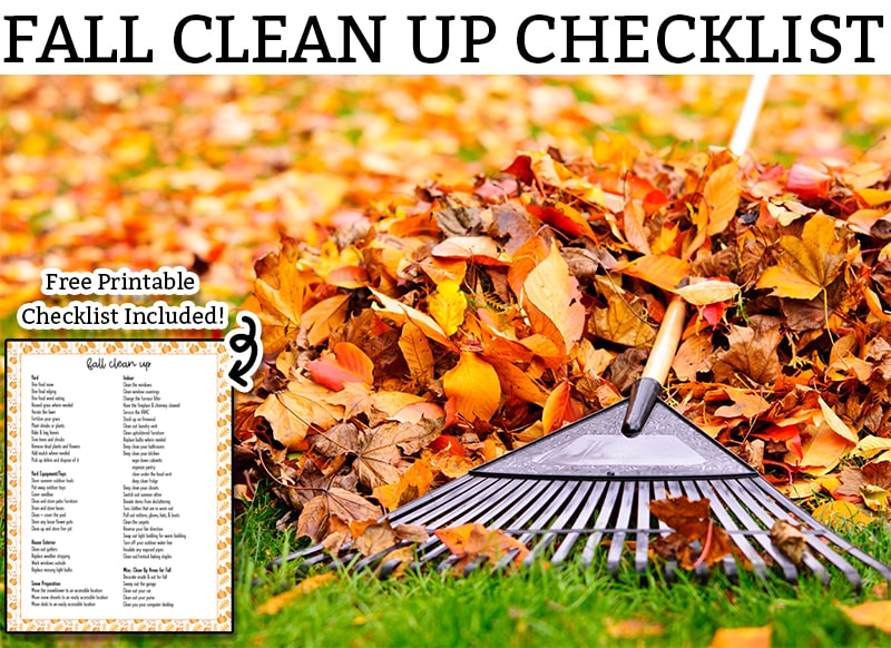 picture of fall clean up - someone raking fallen bright orange and yellow leaves with the title fall clean up checklist above that.