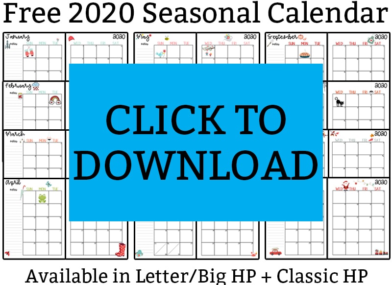 This image shows pictures of 2020 calendar printable set - At the top, the title is Free 2020 Seasonal Calendar. In the middle, it shows the printable months layered on top of each other. At the bottom, it says available in letter/Big HP + Classic HP.