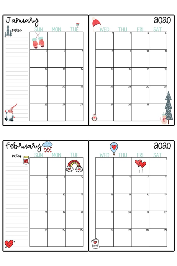 This image represents a 2020 calendar printable. The image shows two images, one at the top center, and one at the bottom center. It is two free printable calendars, for the months January and February.