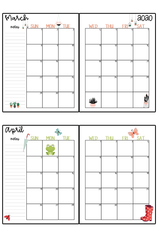 This image represents a 2020 calendar printable. The image shows two images, one at the top center, and one at the bottom center. It is two free printable calendars, for the months March and April.