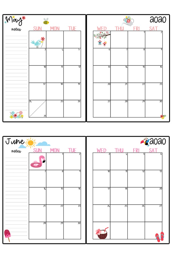 This image represents a 2020 calendar printable. The image shows two images, one at the top center, and one at the bottom center. It is two free printable calendars, for the months May and June.