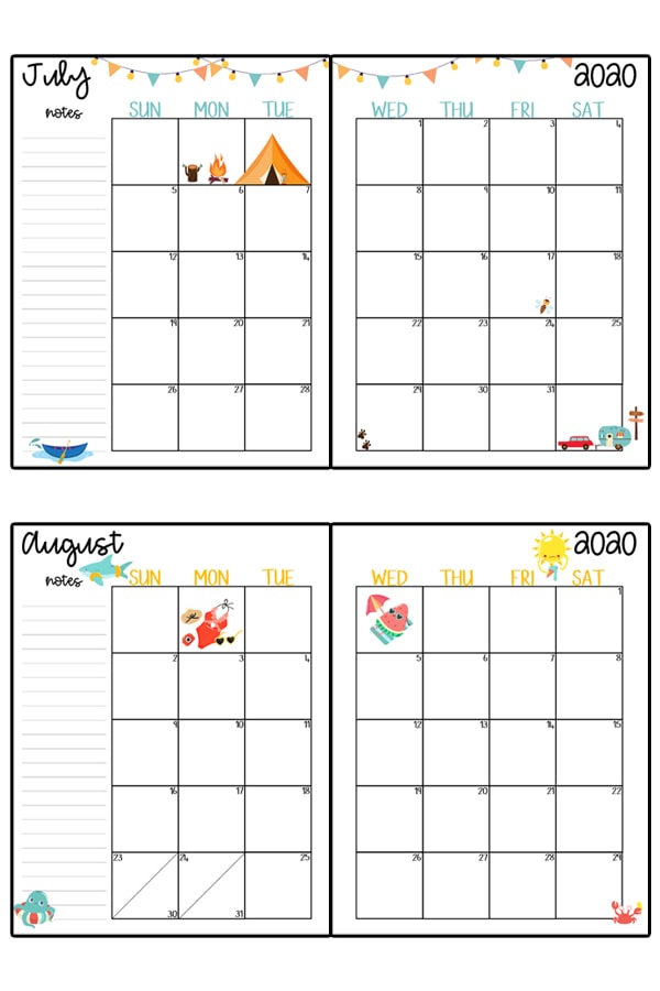 This image represents a 2020 calendar printable. The image shows two images, one at the top center, and one at the bottom center. It is two free printable calendars, for the months July and August.