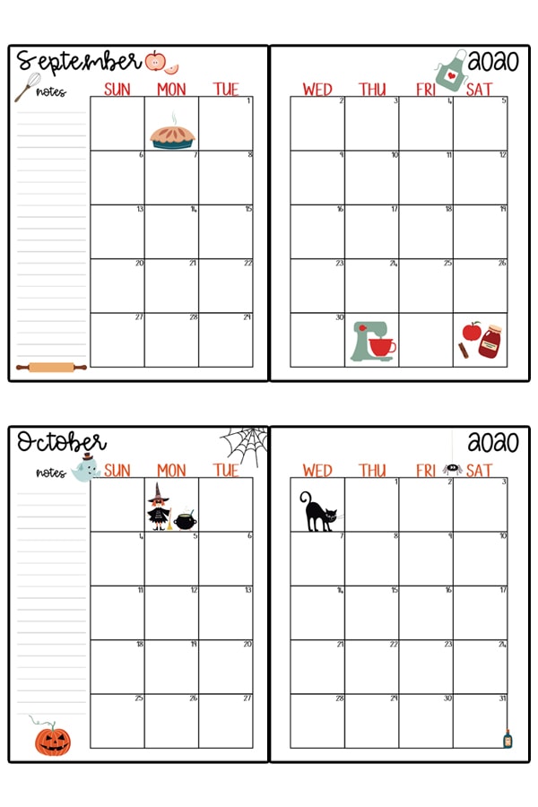 This image represents a 2020 calendar printable. The image shows two images, one at the top center, and one at the bottom center. It is two free printable calendars, for the months September and October.