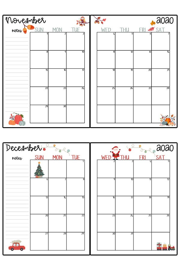 This image represents a 2020 calendar printable. The image shows two images, one at the top center, and one at the bottom center. It is two free printable calendars, for the months November and December.