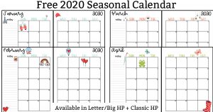 This image shows pictures of 2020 calendar printable set - At the top, the title is Free 2020 Seasonal Calendar. In the middle, it shows the printable months layered on top of each other. At the bottom, it says available in letter/Big HP + Classic HP.