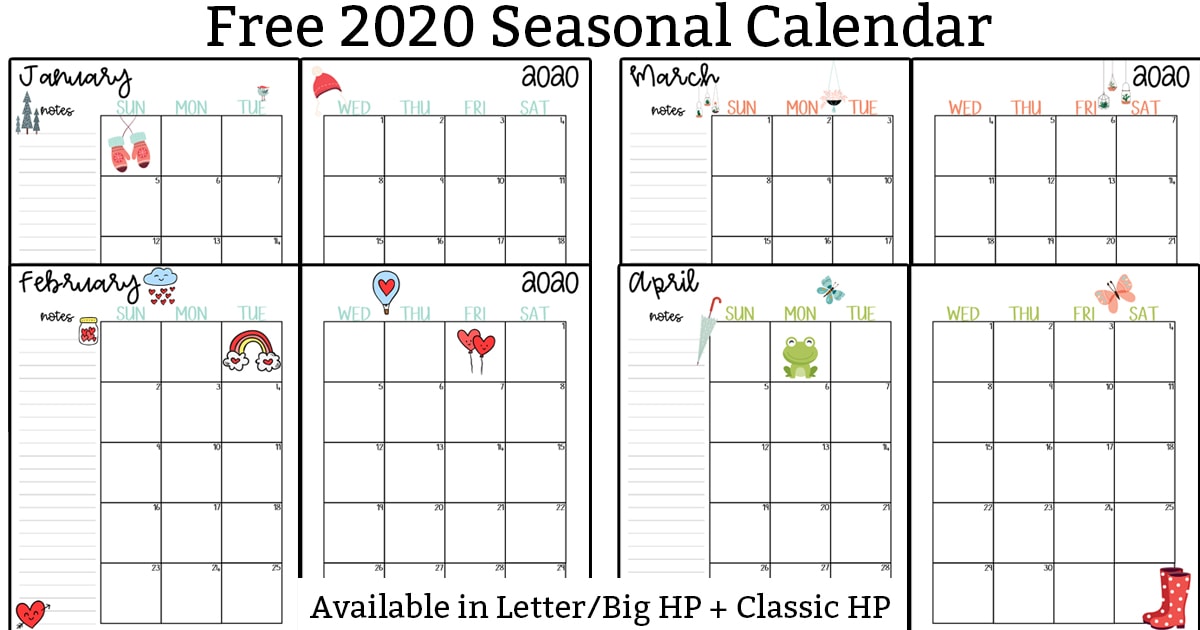 This image shows pictures of 2020 calendar printable set - At the top, the title is Free 2020 Seasonal Calendar. In the middle, it shows the printable months layered on top of each other. At the bottom, it says available in letter/Big HP + Classic HP.