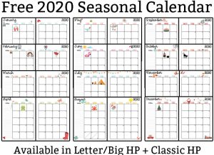 This image shows pictures of 2020 calendar printable set - At the top, the title is Free 2020 Seasonal Calendar. In the middle, it shows the printable months layered on top of each other. At the bottom, it says available in letter/Big HP + Classic HP.