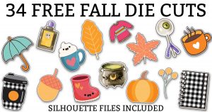 At the top of the image is the words: 34 free fall die cuts in black print. Underneath are multiple fall and halloween clip art images including: an umbrella, coffee cup, potion bottle. second coffee mug, acorn, pink boot, pink sweater, witches brew cauldron, eyeball lollipop, pumpkin, and planner with buffalo plaid.
