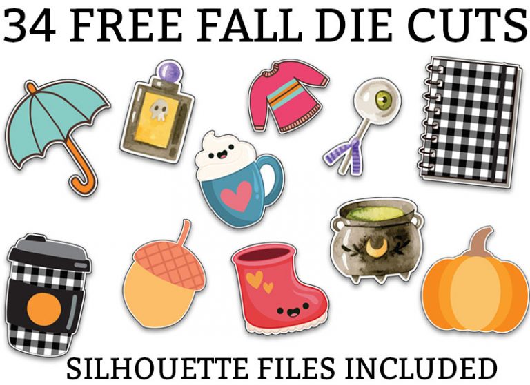 At the top of the image is the words: 34 free fall die cuts in black print. Underneath are multiple fall and halloween clip art images including: an umbrella, coffee cup, potion bottle. second coffee mug, acorn, pink boot, pink sweater, witches brew cauldron, eyeball lollipop, pumpkin, and planner with buffalo plaid.