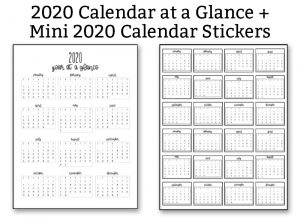 2020 Calendar at a Glance and Mini 2020 Calendar Stickers in black text at the top. Below to the left is a copy of the 2020 Calendar at a Glance in black and white. The right side shows the 2020 Mini Calendar stickers.