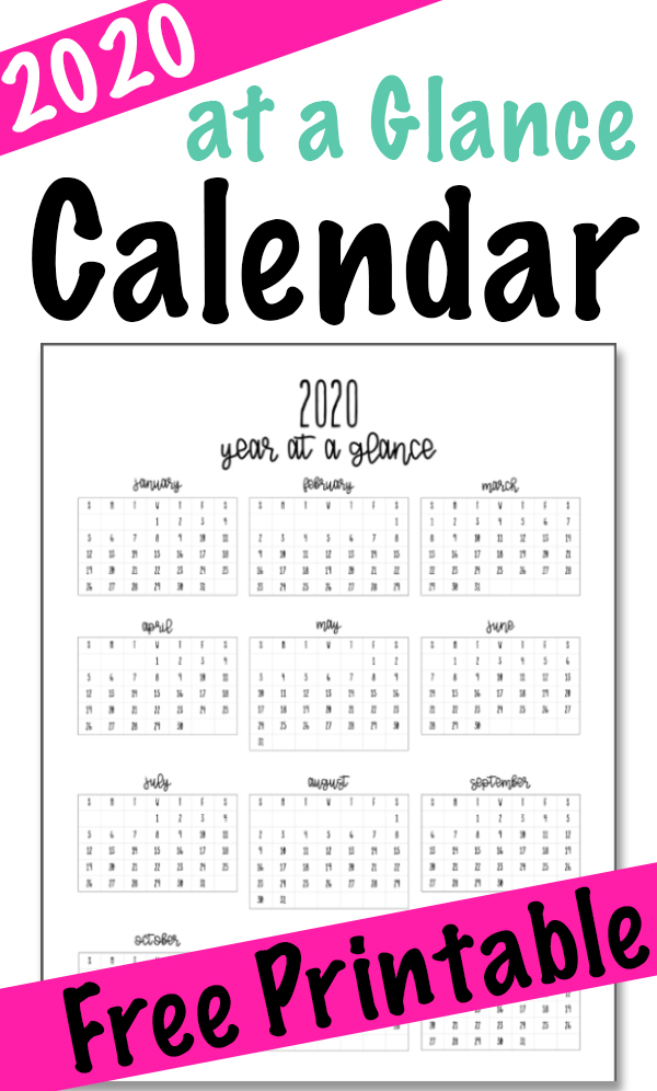 2020 Calendar at a Glance