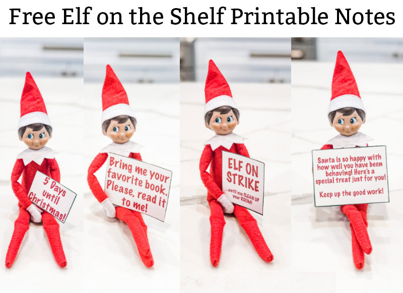 Free Elf on the Shelf Printable Notes is at the top in black text on a white background. Underneath are multiple red and white elves sitting with various printed notes.