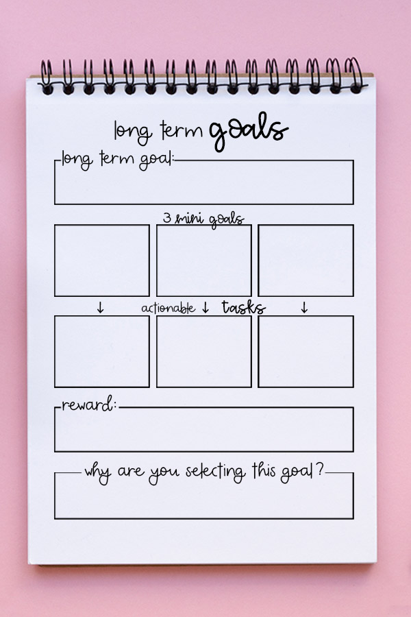 This image shows a printed copy of the long term goal worksheet that is available for free at the end of this blog post.