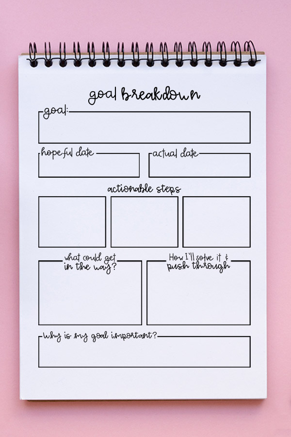 This image shows a printed copy of the goal breakdown l worksheet that is available for free at the end of this blog post.