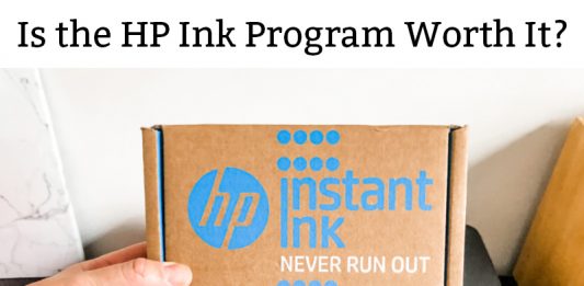 Is the HP Ink Program Worth it? Is in black text at the top of the page on a white background. Below that is a picture of the brown cardboard HP ink program box (with blue text: Instant Ink. Below that in white, Never Run Out. And on the left is a blue logo that says HP in a script font with a blue circle behind it).