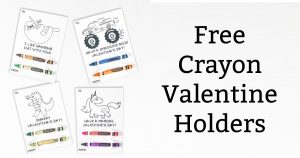 Free crayon holder valentine is in black text to the right of the image. To the left are 4 valentines with crayons including a unicorn, sloth, monster truck, and gator. They are in black and white.