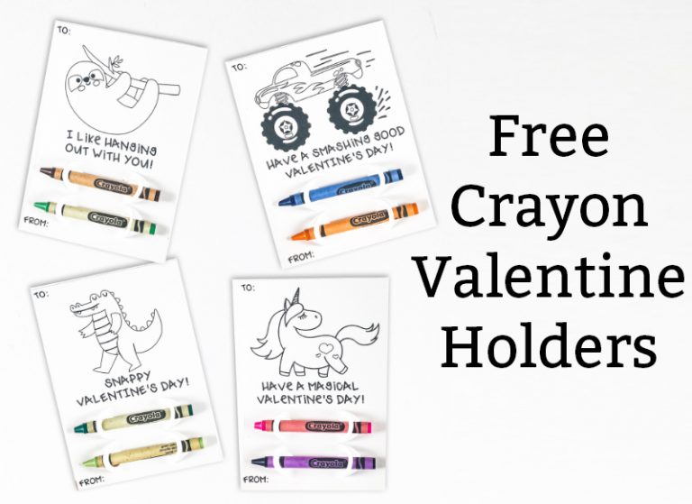 Free crayon holder valentine is in black text to the right of the image. To the left are 4 valentines with crayons including a unicorn, sloth, monster truck, and gator. They are in black and white.