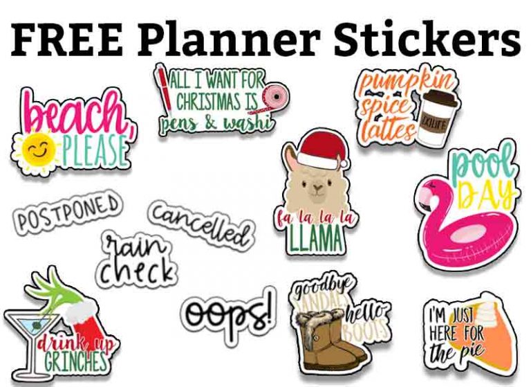 Planner Printable Stickers - this has Free Planner Stickers at the top in black text with a white background. Below the text are multiple sticker images - some for Christmas, summer, and fall.