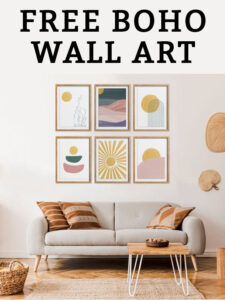 The words free boho wall art on top. Living room with a beige couch, brown pillows, and a small wood and white coffee table in front of the couch. There is a small beige rug in the center of the room. To the right of the couch are two fans on the wall. To the left of the couch is a basket with a blanket within in. Above the couch are 6 abstract, boho prints in colors of pinks, yellow, and green.