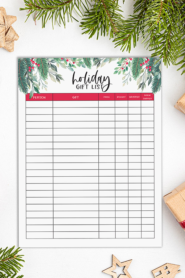 This is an image of one of the free printable gift lists available to download in this post. This is the holiday gift list. It has a chart to fill in the person, gift, price, if the item was bought, wrapped, and if it was given/mailed.