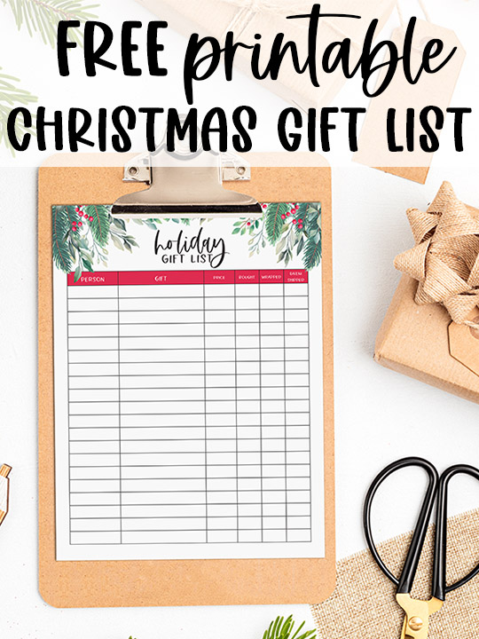 This image represents the entire blog post. The title at the top of the image reads free printable Christmas gift list. Below the title is an image of a printable holiday gift list organizer on a brown clipboard. Next to it is a pair of scissors